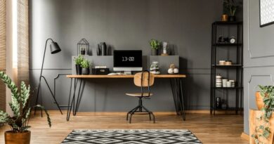 Home Office Setup Desk Chair and Bookcase
