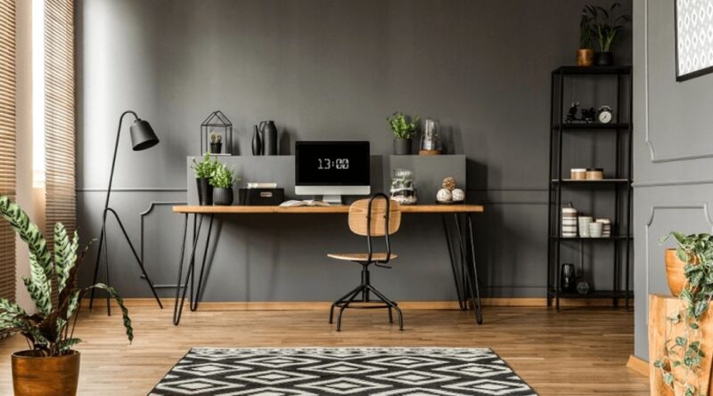 Home Office Setup Desk Chair and Bookcase