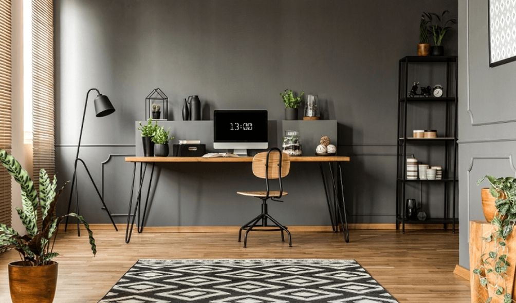 Home Office Setup Desk Chair and Bookcase