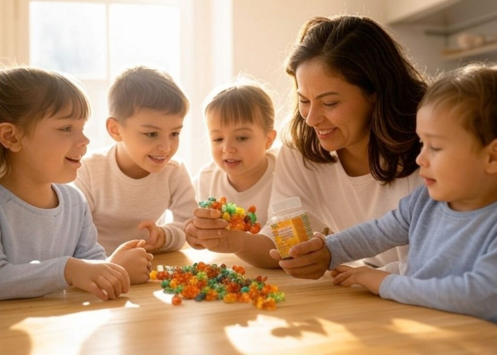 work at home mom gives children gummy vitamins