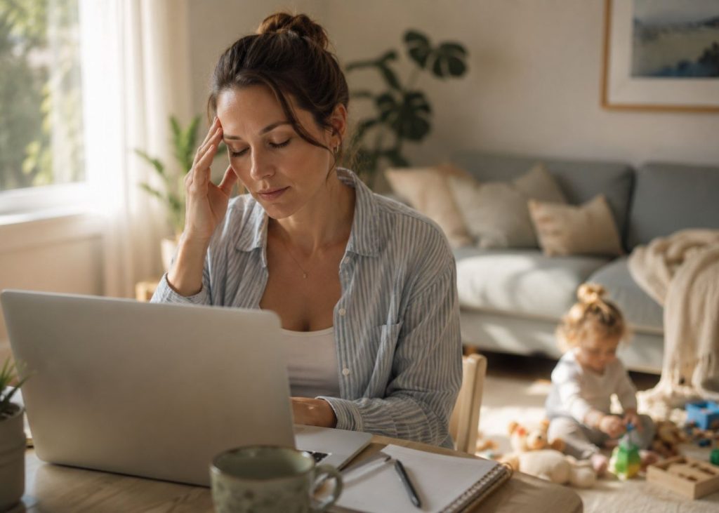 Tired working from home mum at her desk with worry and anxiety building while her toddler plays nearby