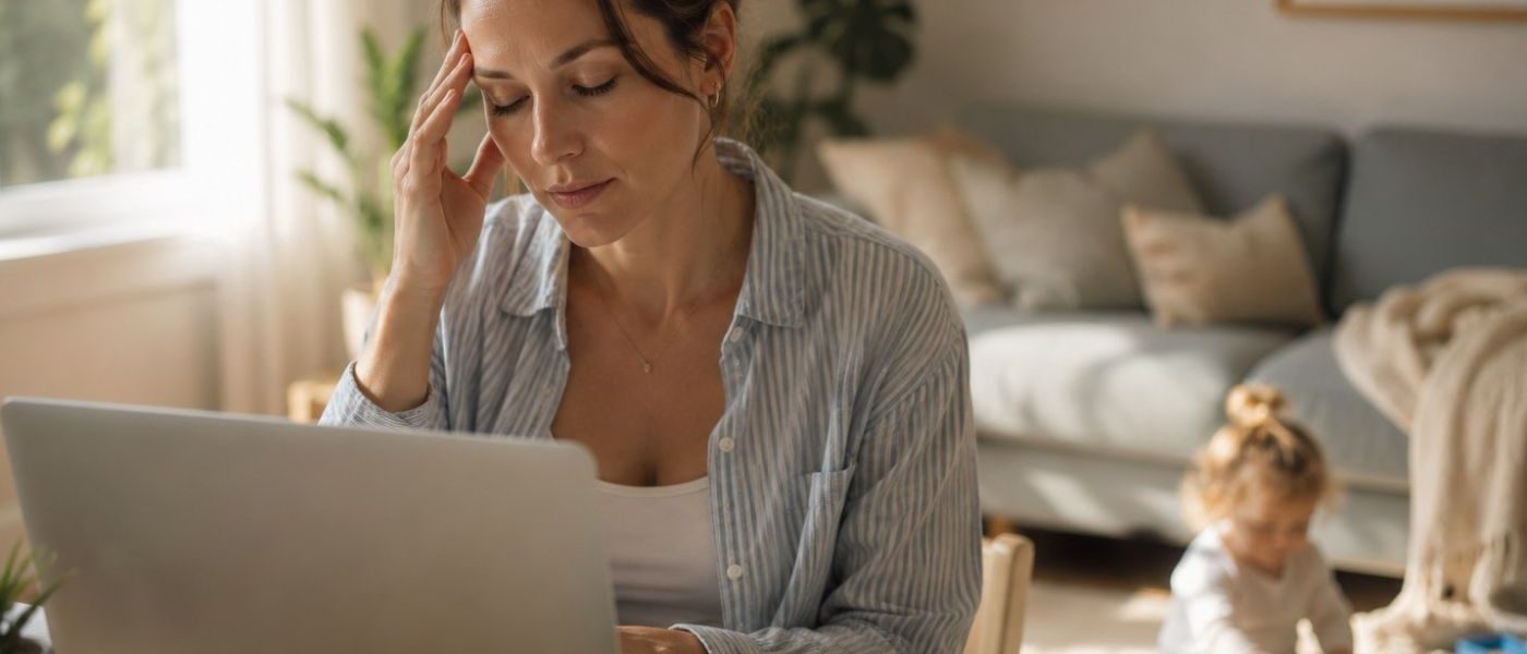 Tired working from home mum at her desk with worry and anxiety building while her toddler plays nearby