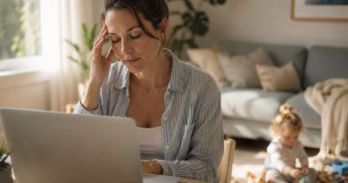 Tired working from home mum at her desk with worry and anxiety building while her toddler plays nearby