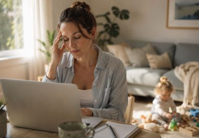 Tired working from home mum at her desk with worry and anxiety building while her toddler plays nearby