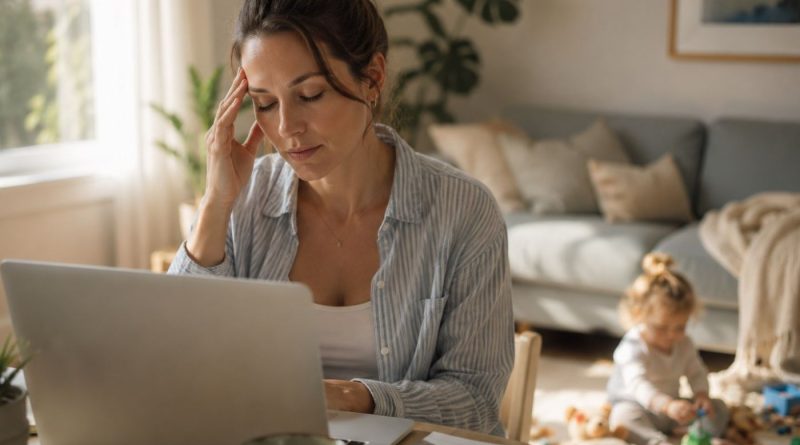 Tired working from home mum at her desk with worry and anxiety building while her toddler plays nearby